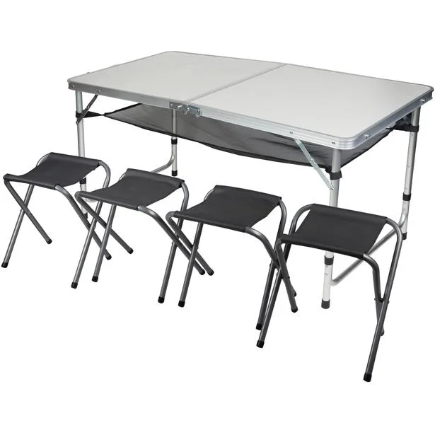 STOLIK TURYSTYCZNY SKŁADANY KEMPINGOWY 120x60x70/62/55CM 4 KRZESŁA I PÓŁKA Łatwy zwrot