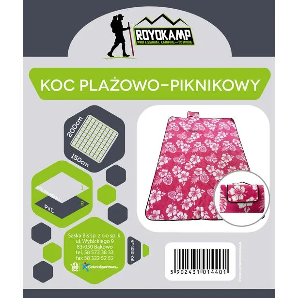 KOC PLAŻOWO PIKNIKOWY 200X150CM RÓŻOWY KWIATY ROYOKAMP Ostatnie sztuki