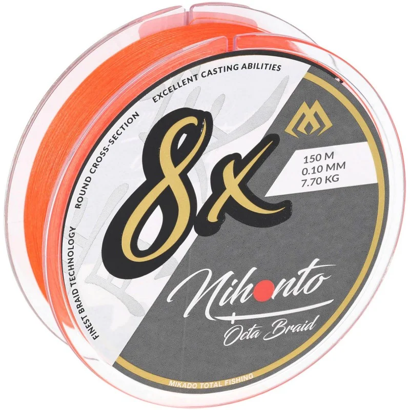 Wysoka jakość Plecionka Mikado Nihonto Octa Braid 0.10mm/7.75kg/150m - Fluo Pomarańczowa