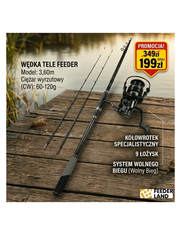 Bestseller ZESTAW TELE FEEDER WĘDKA 3,60mWĘGLOWA KOŁOWROTEK WOLNY BIEG 9ŁOŻ