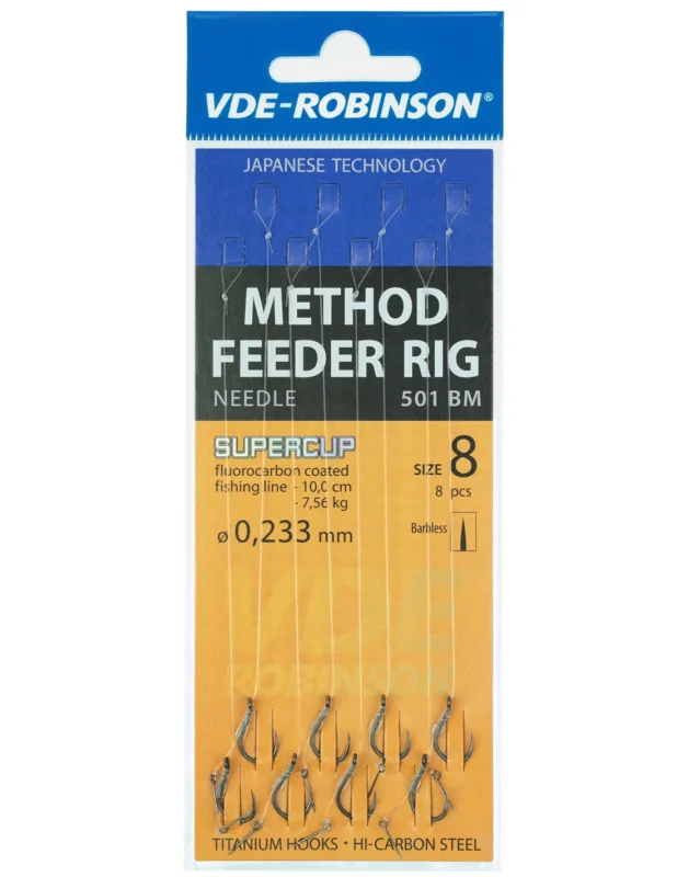 Przypony VDE-Robinson Method Feeder 501BM Barbless / ŻYŁKA / Z Igłą - roz. 6 Wysoka jakość