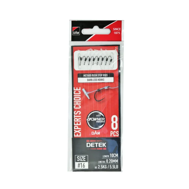 Haczyki bezzadziorowe z przyponem DAM Detek Method Feeder Push Stop Rig rozmiar 16 8 sztuk Promocja