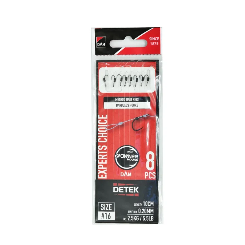 Nowość Haczyki bezzadziorowe z przyponem DAM Detek Method Feeder Hair Rig rozmiar 16 8 sztuk