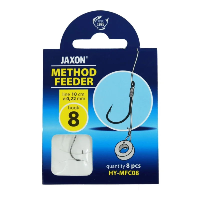 Haczyki z przyponem Jaxon Method Feeder z wlosem i gumką 0.22mm 10cm rozmiar 8 8 sztuk Wysoka jakość