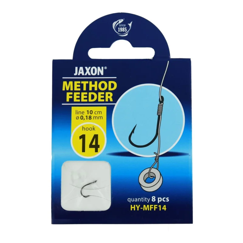 Nowość Haczyki z przyponem Jaxon Method Feeder z wlosem i gumką 0.18mm 10cm rozmiar 14 8 sztuk