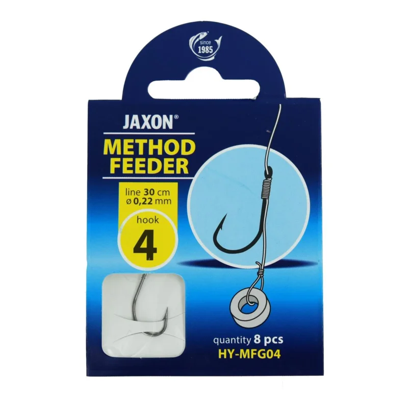 Ograniczona ilość Haczyki z przyponem Jaxon Method Feeder z wlosem i gumką 0.22mm 30cm rozmiar 4 8 sztuk