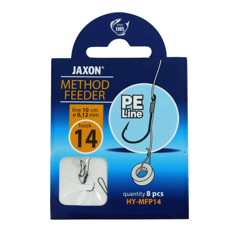 Haczyki z przyponem (z plecionki) Jaxon Method Feeder z włosem i gumką 0.12mm 10cm rozmiar 14 8 sztuk Do wyczerpania zapasów