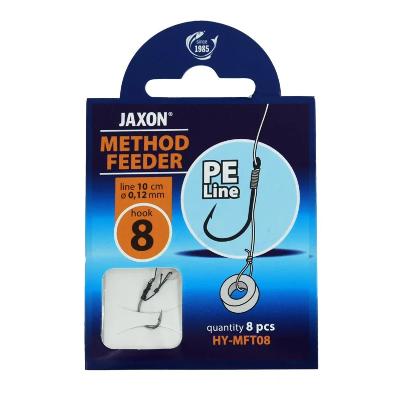 Ostatnie sztuki Haczyki z przyponem (z plecionki) Jaxon Method Feeder z włosem i gumką 0.12mm 10cm rozmiar 8 8 sztuk