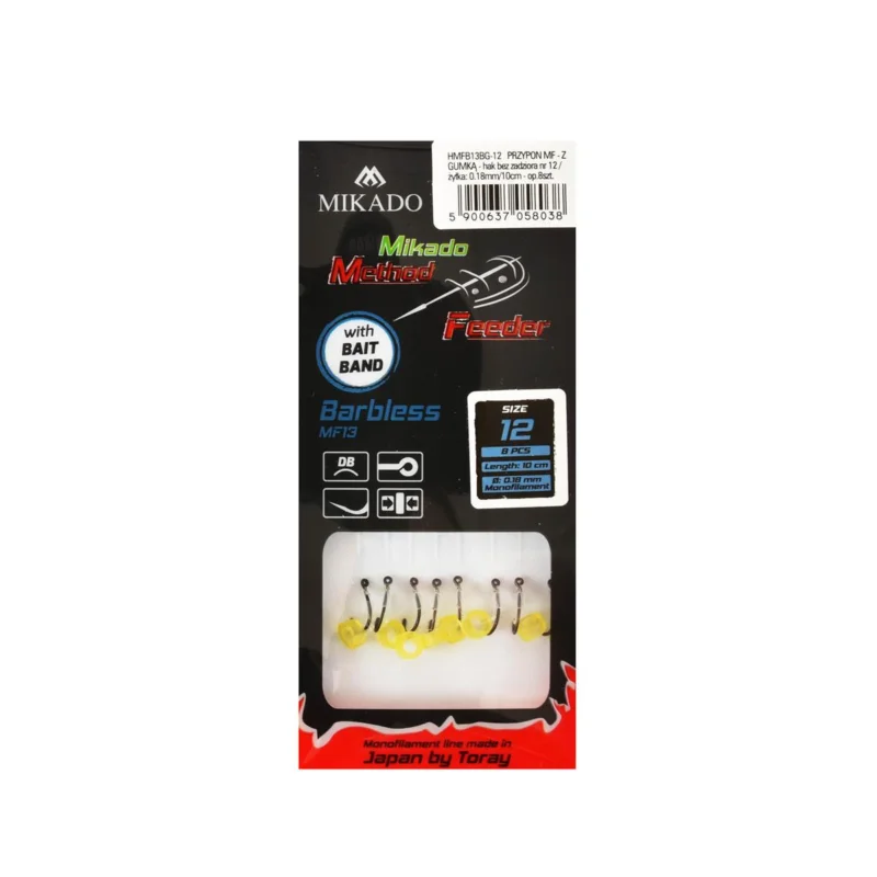 Haczyki z przyponem Mikado Method Feeder barblessz gumką rozmiar 12 8 sztuk Ostatnie sztuki