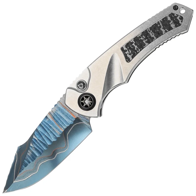 Nóż automatyczny Heretic Pariah-A Custom Titanium / Fat Carbon Snakeskin Inlays, Blued Baker Forge Elite AuroraMai Damascus by Tony Marfione Jr. Zamów teraz