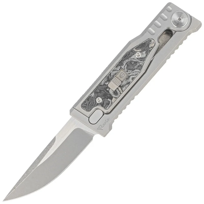 Łatwy zwrot Nóż grawitacyjny Reate Mini EXO OTF Gravity Drop Point Bead Blasted Titanium/Burl Linen Micarta, Stonewashed CPM 3V