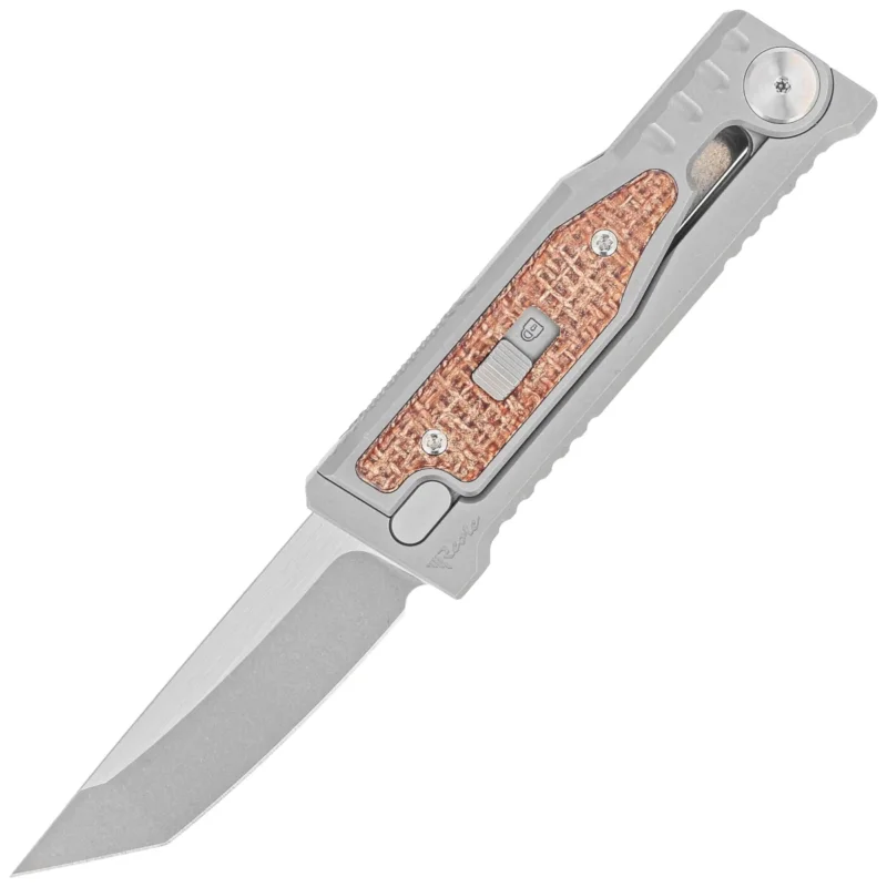 Niska cena Reate Knife Mini EXO OTF Gravity T/E Bead Blasted Titanium/Burlap Micarta, Stonewashed CPM 3V