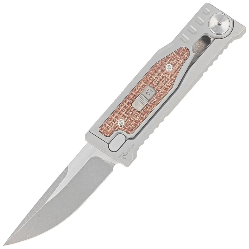 Ostatnia szansa Nóż grawitacyjny Reate Mini EXO OTF Gravity Drop Point Bead Blasted Titanium/Burlap Micarta, Stonewashed CPM 3V