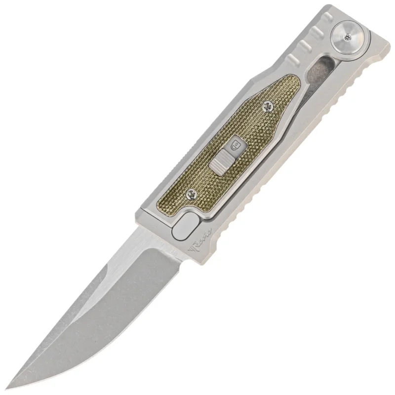 Premium Reate Knife Mini EXO OTF Gravity Drop Point Bead Blasted Titanium/Green Micarta, Stonewashed CPM 3V