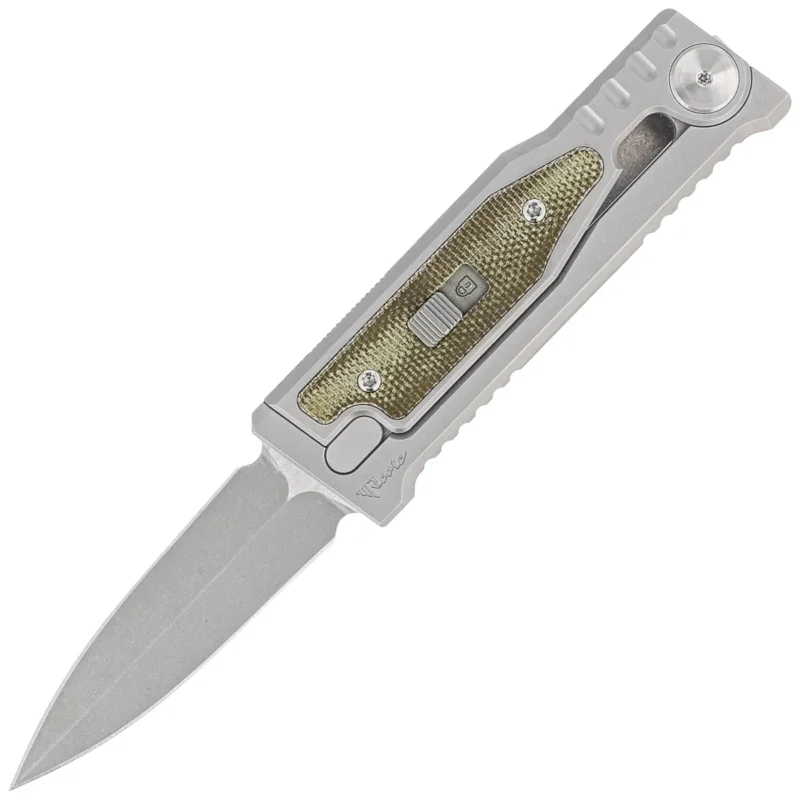 Bezpieczna płatność Nóż grawitacyjny Reate Mini EXO OTF Gravity D/E Bead Blasted Titanium/Green Micarta, Stonewashed CPM 3V
