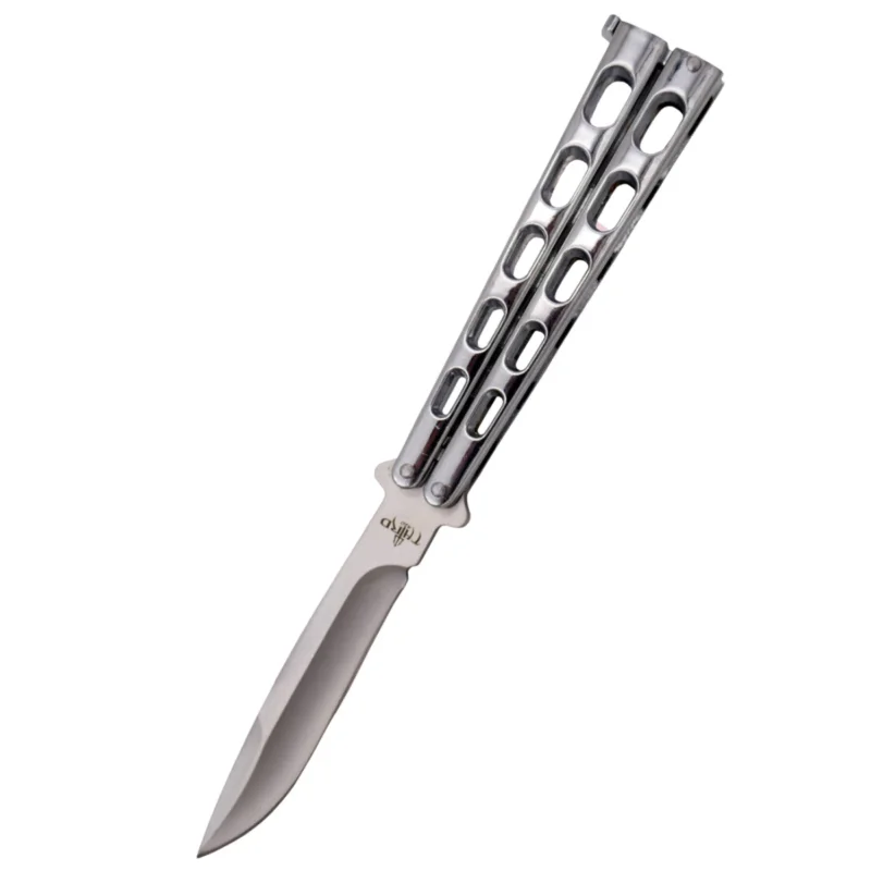 Łatwy zwrot Third Decor Habitat Balisong Silver Stainless Steel, Satin 420 Butterfly Training Knife (K2919BX)