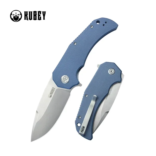 Premium Kubey Bravo One Drop Point Knife Blue G10, Beadblasted AUS-10 by Mikkel Willumsen (KU319A)
