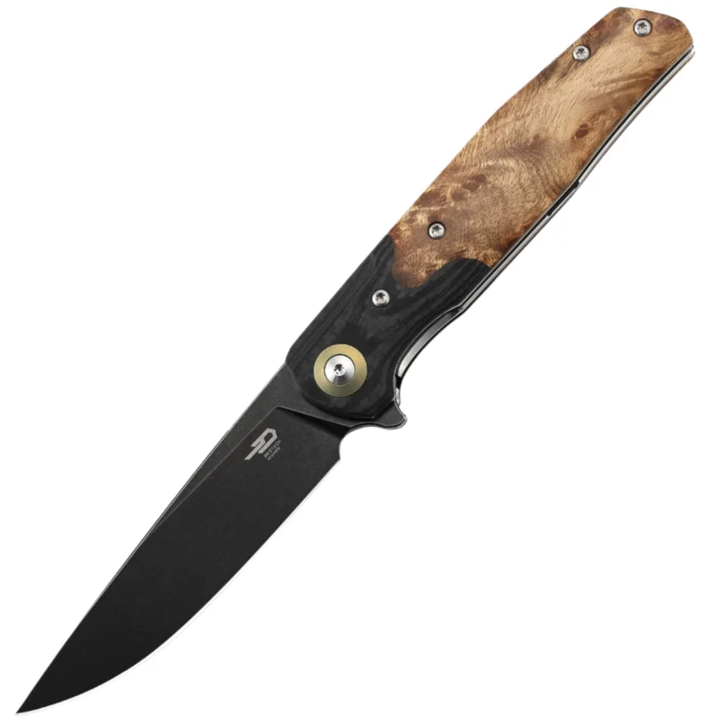 Nóż składany Bestech Ascot Black Carbon Fiber/G10 Lightburl Wood, Black Titanized 14C28N (BG19E) Nowość