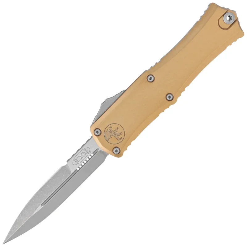 Wyjątkowa oferta Microtech Hera II Mini Bayonet OTF Knife Tan Aluminum, Apocalyptic M390MK by Tony and Sean Marfione (1701M-10APTA)