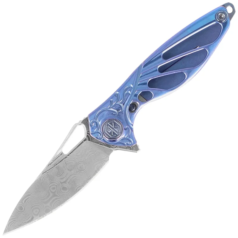Bestseller Rike Knife Mini Hummingbird Blue Titanium, Rose Damascus by Richard Wu (RK-MINI-BL)