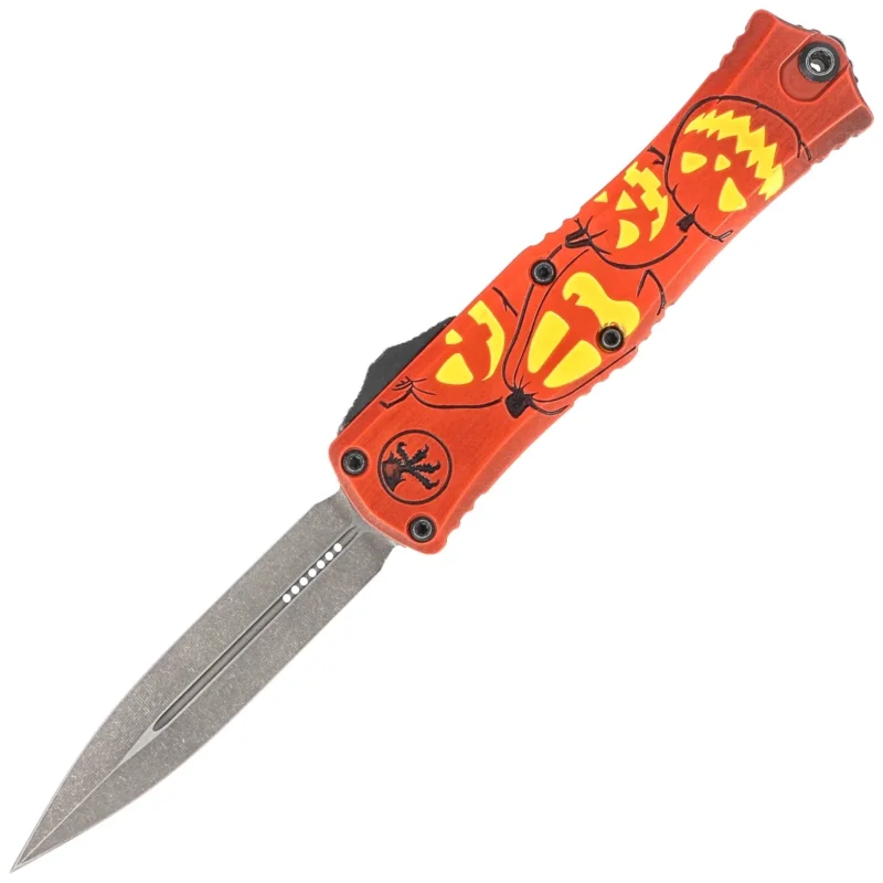 Microtech Hera II Mini D/E Signature Halloween Jack-o'-Lantern Aluminum, Satin M390MK OTF Knife by Tony and Sean Marfione (1702M-1HWJLS) Taniej