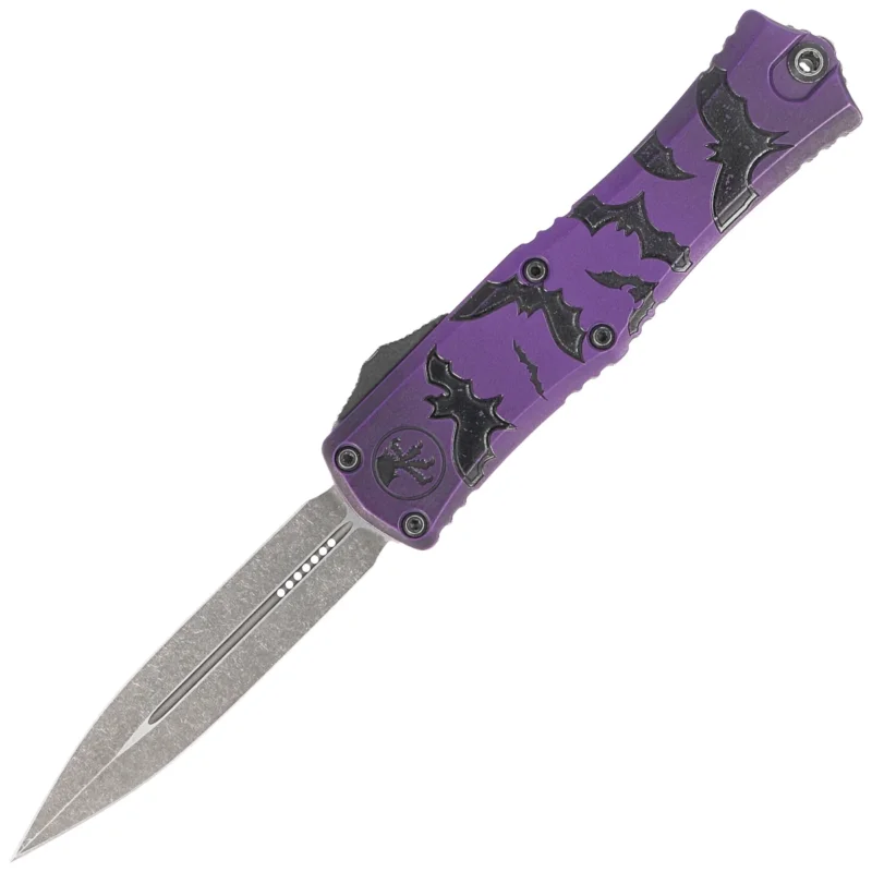 Okazja Nóż automatyczny OTF Microtech Hera II Mini D/E Signature Halloween Purple Bats Aluminium, Satin M390MK by Tony and Sean Marfione (1702M-1HWBAS)